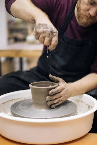 Close Detail View Artist Makes Clay Pottery Spin Wheel — Stock Photo, Image