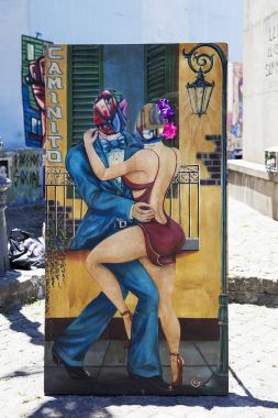 Buenos Aires, Arjantin - 20 Ocak 2018: Caminito Caddesi La Boca, Buenos Aires, Arjantin detay. Bu 100m uzun geleneksel sokak tam renkli evlerin en büyük turist hotspot Buenos Aires biriydi.