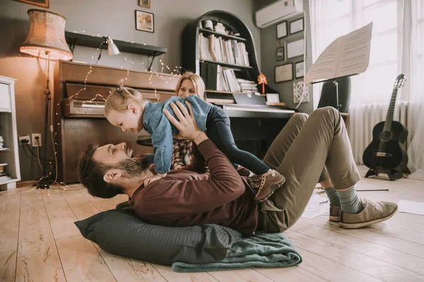 Happy Young Family Playing Floor Room — Stock Photo, Image
