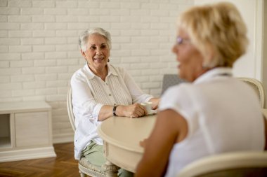 Evde kahve içme ve konuşurken iki yaşlı kadın görüntüleme