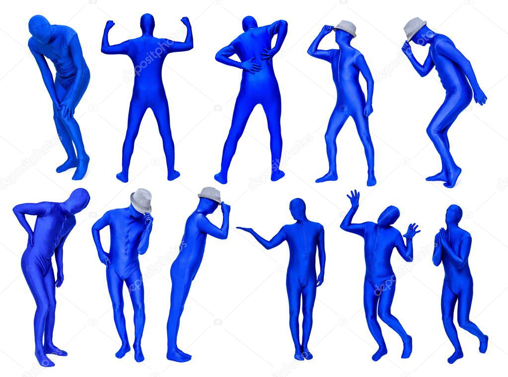 Set of man in blue costume in various poses