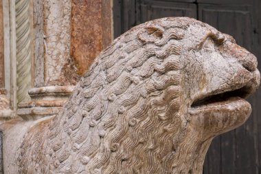 Görünümü ile aslan heykeli, dua önünde Duomo Modena, İtalya