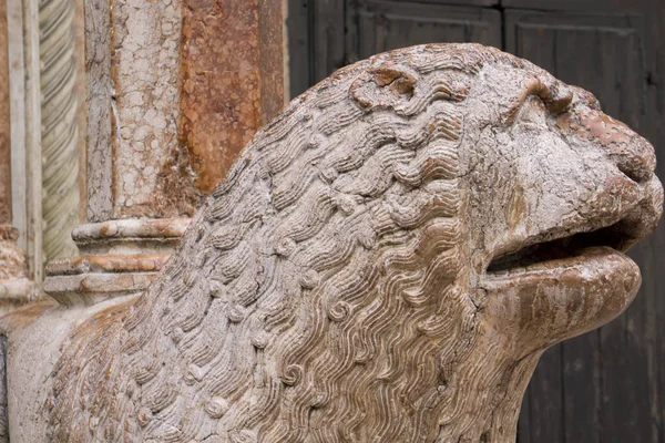 Vedere Sculptura Leului Rugăciune Fața Lui Duomo Din Modena Italia — Fotografie, imagine de stoc