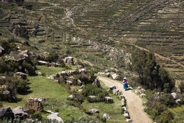 Titicaca gölü Bolivya'daki Isla del Sol. En büyük ada yüksek irtifa Titikaka Gölü