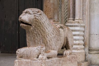 Görünümü ile aslan heykeli, dua önünde Duomo Modena, İtalya