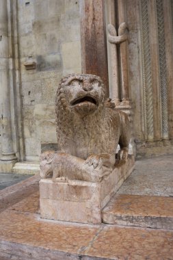 Görünümü ile aslan heykeli, dua önünde Duomo Modena, İtalya