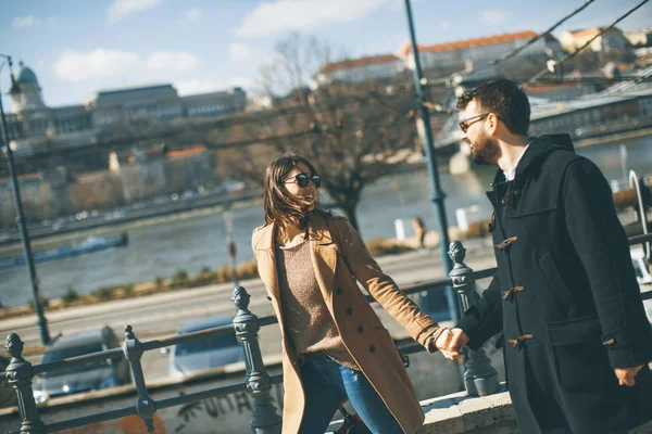 Walk Pretty Loving Couple Happily Walking Holding Hands Budapest Hungary — Stock Photo, Image