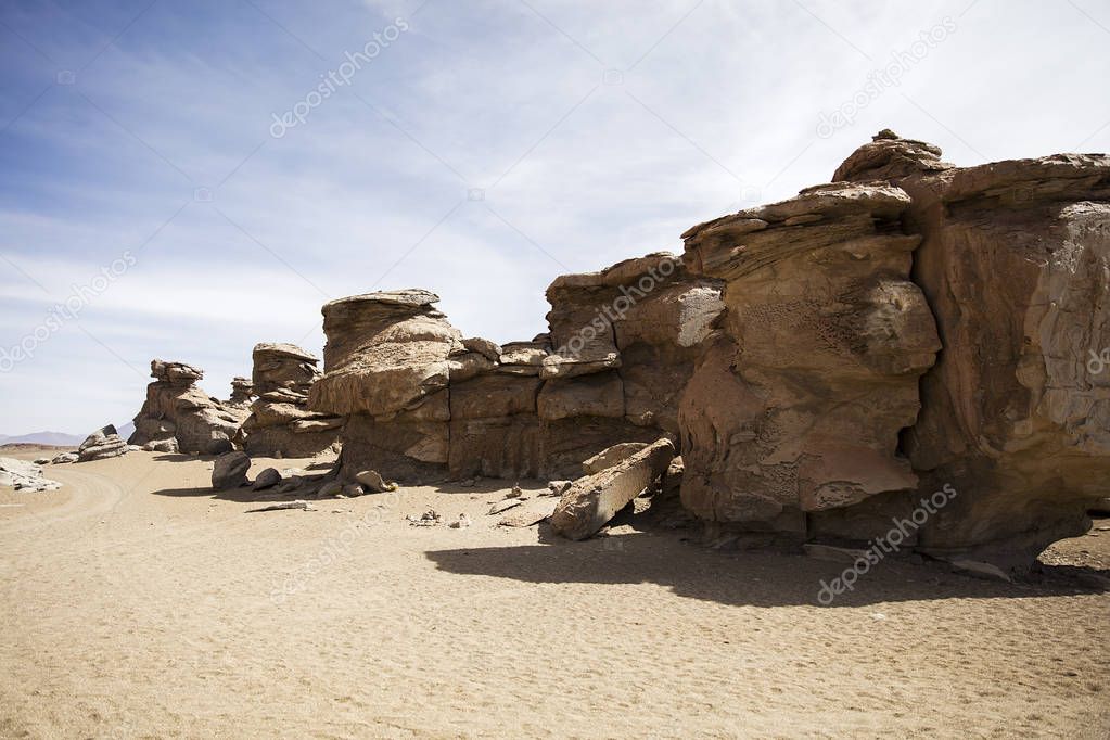 Rock formations of Dali desert in Bolivia at Eduardo Avaroa Andean Fauna National Reserve in Bolivia