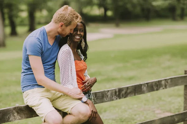 Jovem Casal Multirracial Pela Cerca Madeira Parque — Fotografia de Stock