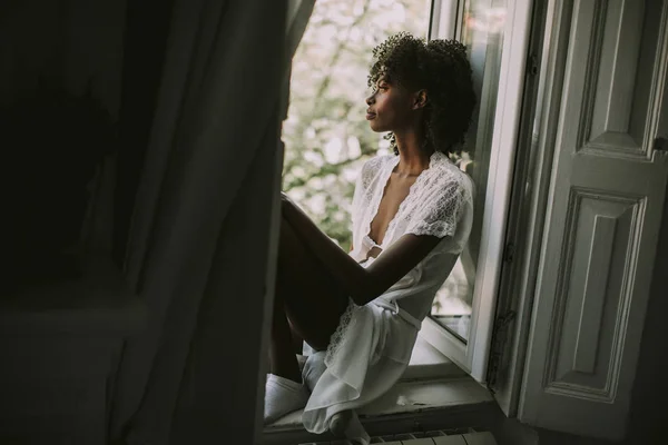 Pretty Young Black Woman Sitting Window Room — Stock Photo, Image