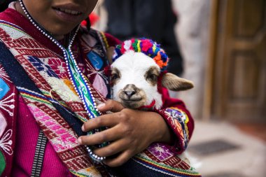 Cusco, Peru - 31 Aralık 2017: Cusco, Peru sokaktaki tanımlanamayan kız. Cusco nüfusun neredeyse % 29 daha az 14 yıl var.