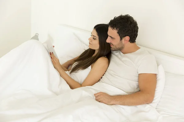 Loving Young Couple Reading Book Bed — Stock Photo, Image