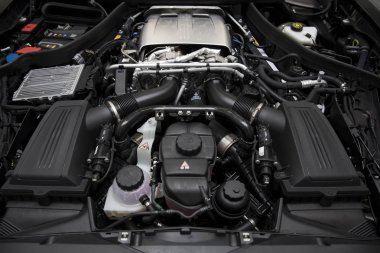 Belgrade, Sırbistan - 30 Nisan 2018: Ayrıntı Engine 2017 Mercedes-Amg Gt C Coupe. AMG Gt C Coupe 2017 Detroit Otomobil Fuarı'nda açıldı.