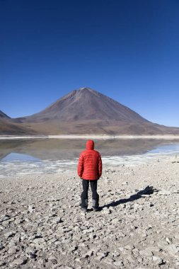 Genç adam Laguna Verde göl ve Reserva Nacional de Fauna Andina Eduardo Avaroa Bolivya'nın Licancabur yanardağ bakarak