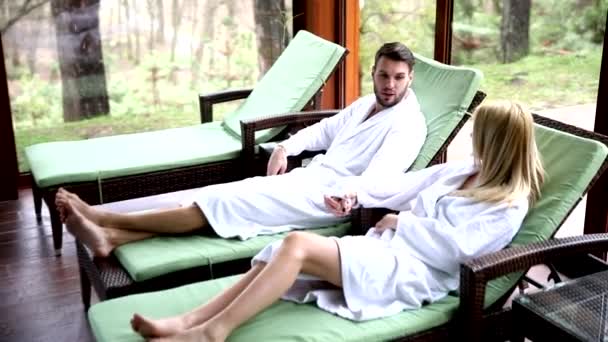 Couple Bathrobes Relaxing Spa Center — Stock Video