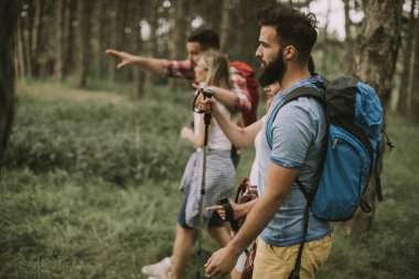 Bir grup genç insan bahar günü dağda hiking