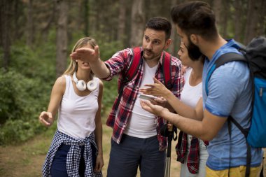 Bir grup genç insan bahar günü dağda hiking