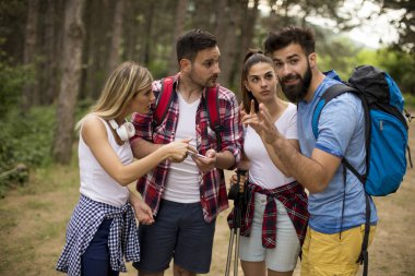 Bir grup genç insan bahar günü dağda hiking