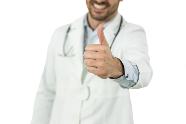 Retrato Del Médico Sonriente Con Pulgar Hacia Arriba Aislado Blanco — Foto de Stock