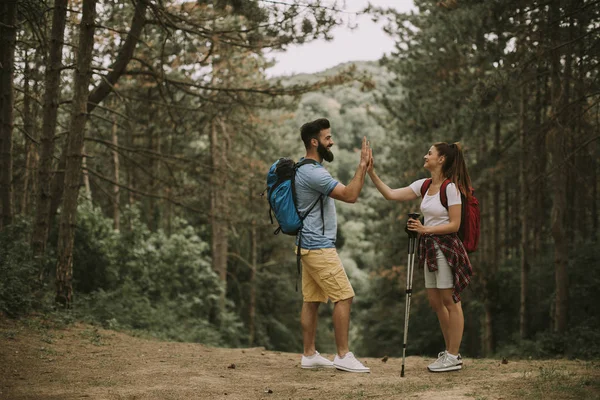 Geri Kalan Dağda Alarak Aktif Youngcouple Yürüyüşçü — Stok fotoğraf