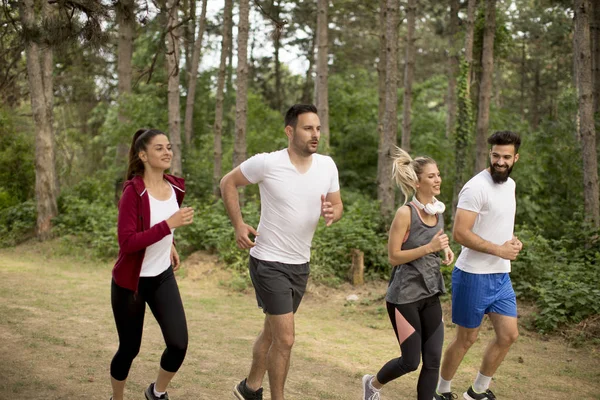 Gruppo Giovani Corre Una Maratona Nella Foresta — Foto Stock