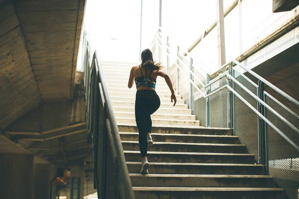 Young Woman Running Alone Stairs Outdoor — Stock Photo, Image