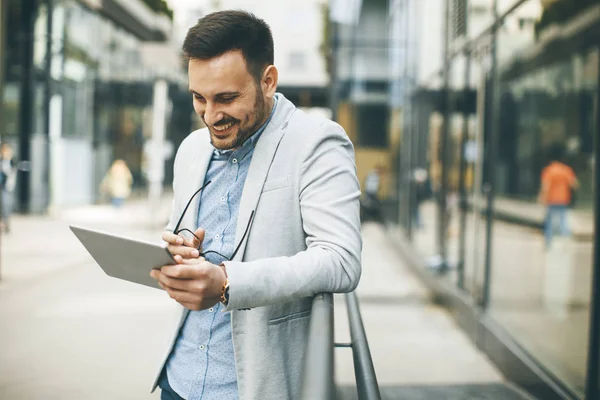 Handsome Young Businessman Digital Tablet Office Building — Stock Photo, Image