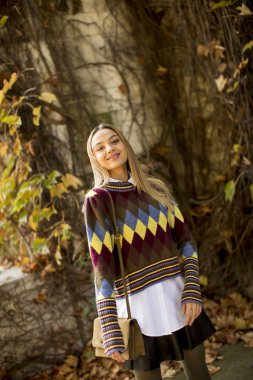 Güzel genç bayan güneşli bir sonbahar gününde dışarıda duruyor.