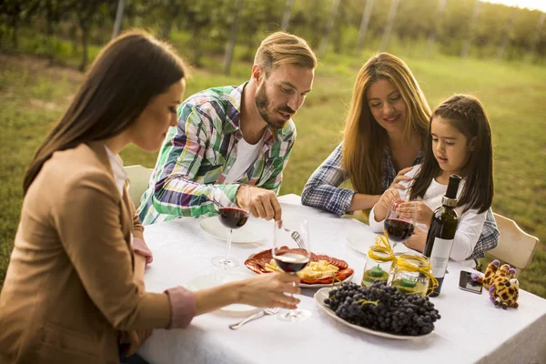 Young People Enjoy Dinner Wine Tasting Vineyard Sunset — Stock Photo, Image
