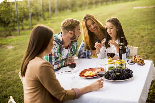 Jovens Gostam Jantar Degustação Vinhos Vinha Pôr Sol — Fotografia de Stock