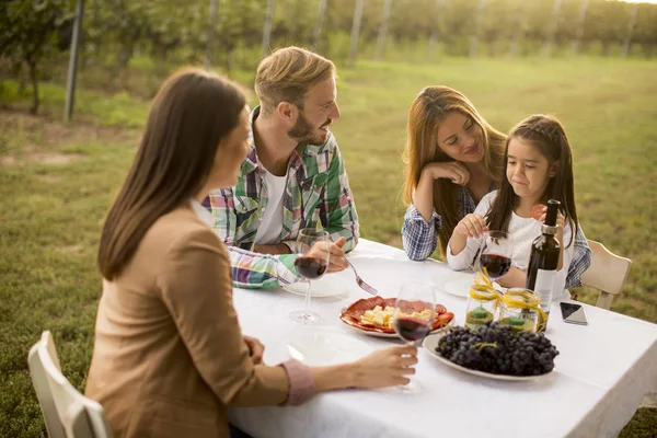 Young People Enjoy Dinner Wine Tasting Vineyard Sunset — Stock Photo, Image