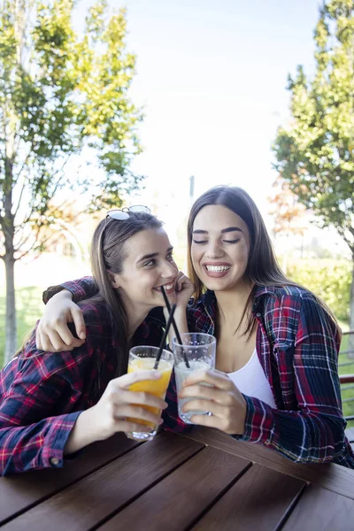 Twee Jonge Vrouwen Drinken Sap Limonade Het Park Zonnige Dag — Stockfoto