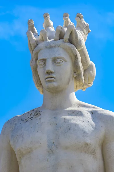 Detail of Apollo statue at Fountain of the Sun on the Place Massena in Nice, France. Statue was made  by artist Alfred Auguste Janniot at 1956.