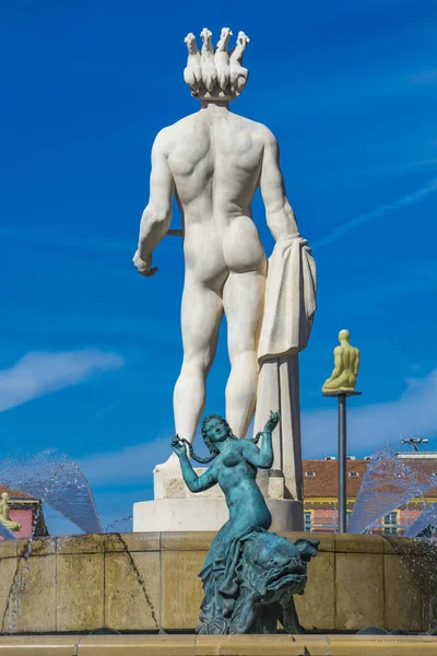 Detail of Apollo statue at Fountain of the Sun on the Place Massena in Nice, France. Statue was made  by artist Alfred Auguste Janniot at 1956.