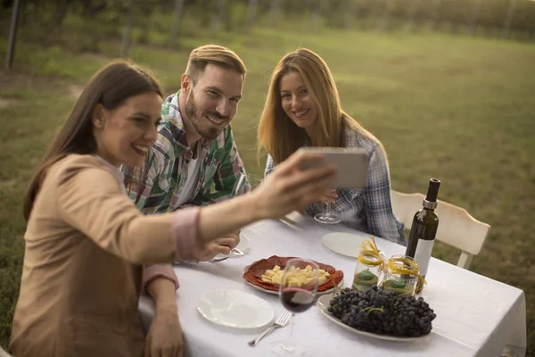 Grupo Jóvenes Sentados Junto Mesa Bebiendo Vino Tinto Tomando Selfie —  Fotos de Stock