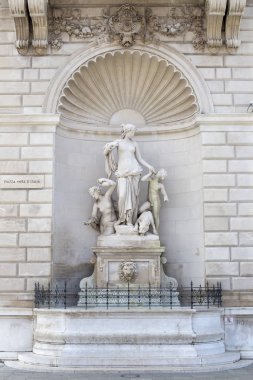 İtalya, Trieste 'deki Lloyd Sarayı' nın cephesinde Tethys 'in heykeline bakın.