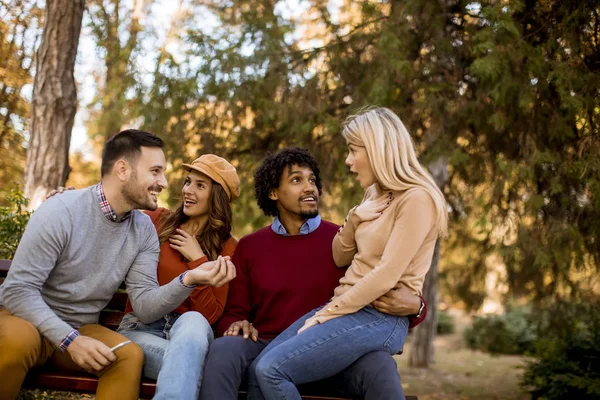 Group Young Multiethnic Friends Having Fun Autumn Park — Stock Photo, Image