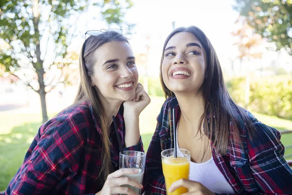 Dwie młode kobiety pijące sok i lemoniadę w parku — Zdjęcie stockowe