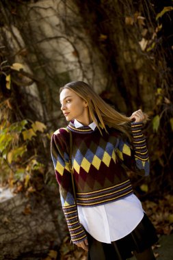 Güzel genç bayan güneşli bir sonbahar gününde dışarıda duruyor.