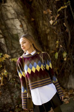 Güzel genç bayan güneşli bir sonbahar gününde dışarıda duruyor.