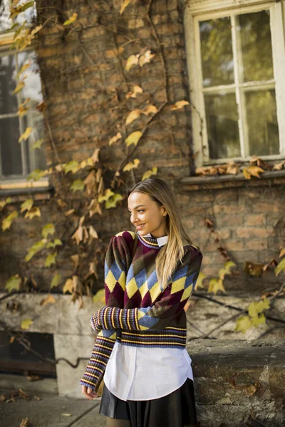 Hübsche Junge Frau Steht Draußen Einem Sonnigen Herbsttag — Stockfoto