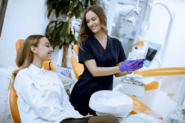 Güzel Bir Bayan Doktor Koruyucu Eldivenleriyle Dişçi Muayenehanesinde Hastasıyla Birlikte — Stok fotoğraf