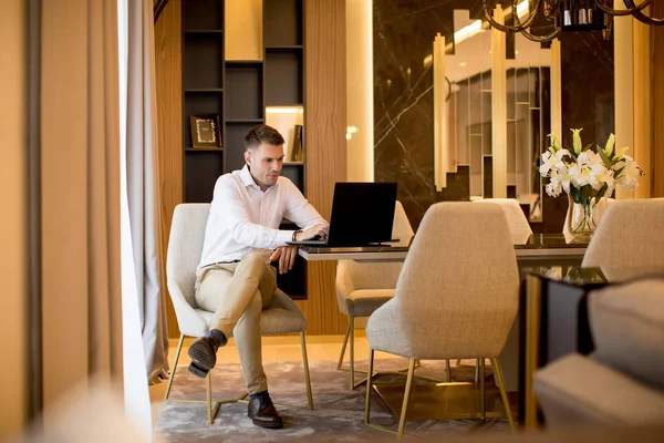 Handsome Young Man Sitting Luxurious Room Front Laptop Computer — Stock Photo, Image