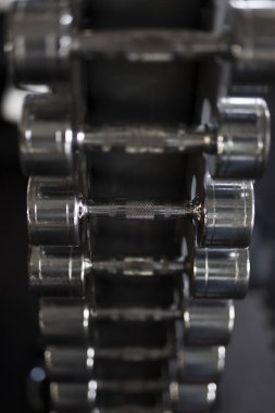 Spor salonunun rafındaki metal dambıl sırasına yaklaş.