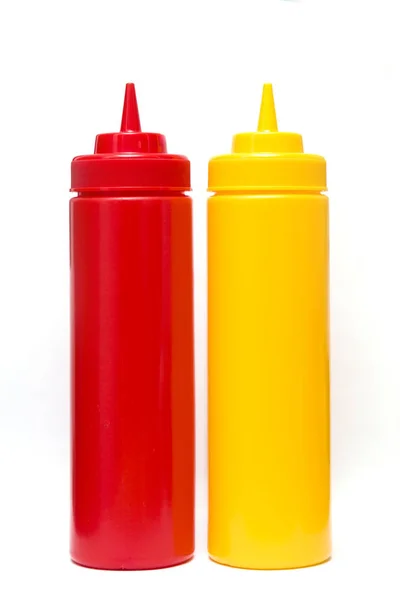 Bouteille Ketchup Moutarde Isolée Sur Fond Blanc — Photo