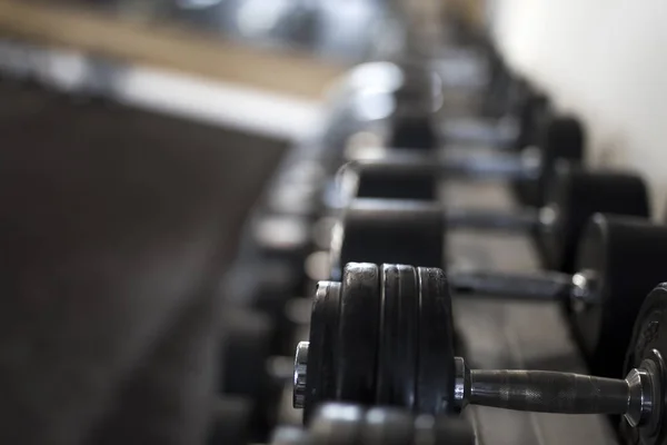 Closeup Row Metal Dumbbells Rack Gym — ストック写真