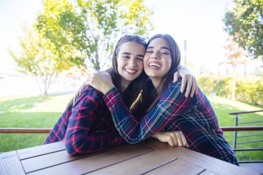 İki güzel arkadaşın portresi. Oturup sarılan iki kadın.