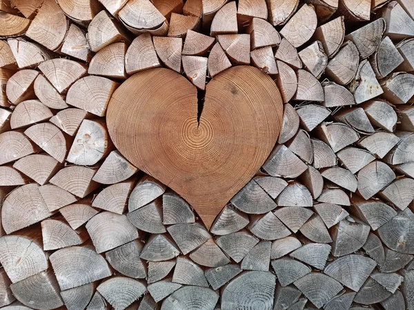 Closeup Wooden Heart Sign Firewood Logs Heap — Stock Photo, Image