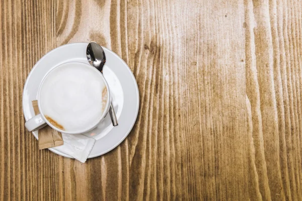 Tazza Cappuccino Caffè Croissant Tavolo Legno Vista Dall Alto — Foto Stock