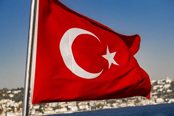 View Turkish National Flag Bosphorus Istanbul — Stock Photo, Image